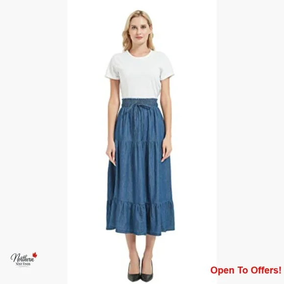 A-Line Midi Denim Skirt with Pleated Layers and Elastic Waist - Picture 2 of 6
